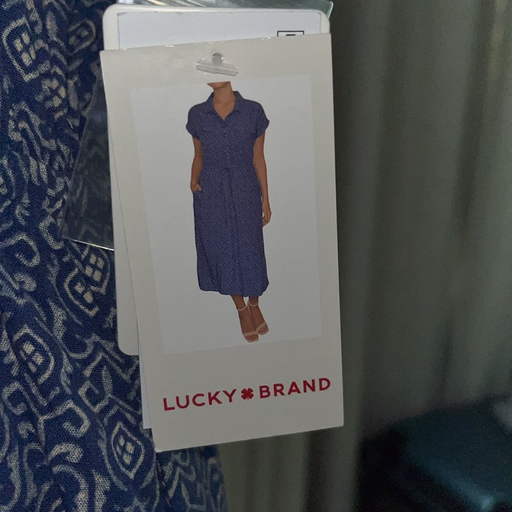 Blue Patterned Button-Up Dress made by Lucky brand size medium blue tile - Picture 6 of 17